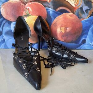 Aldo Black Y2K Leather Lace-Up Stiletto Heels Pointed Toe EU38/ Fit 9